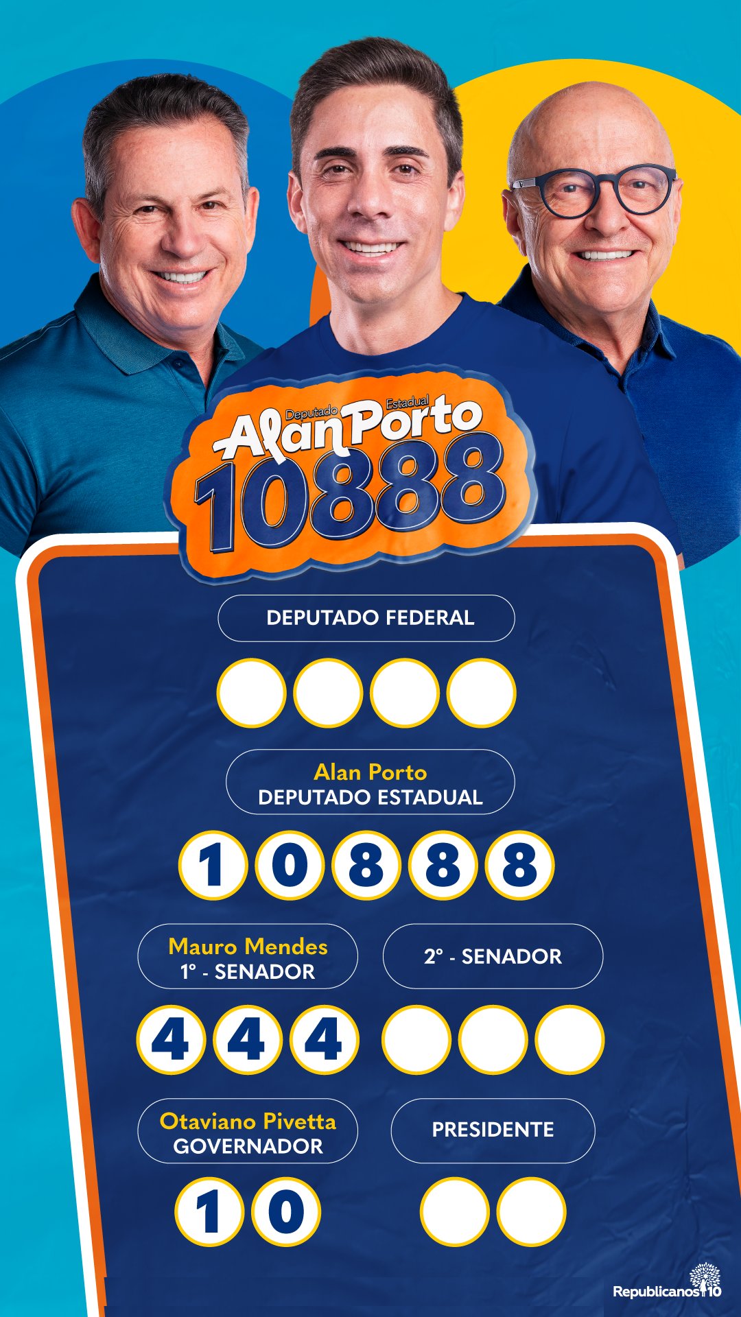 Colinha de votação de Alan Porto, deputado estadual 10888, com Mauro Mendes 444 para senador e Otaviano Pivetta 10 para governador.